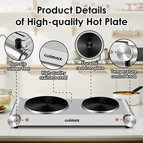 CUSIMAX Double Silver Hot Plate - 1800W Portable Electric Double Burner