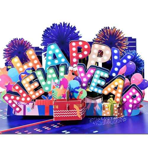 New Year Card Pop Up, Happy New Year Holidays Card, Colorful New Year's Cards, 3D Greeting Card for New Years, Include Envelope.