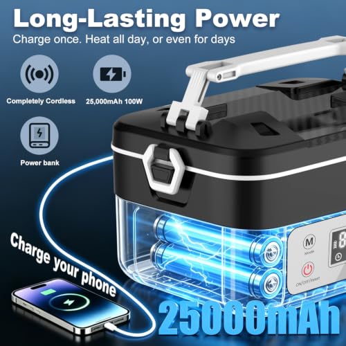 Cordless Electric Heated Lunch Box, 25000mAh Auto Heating Timer