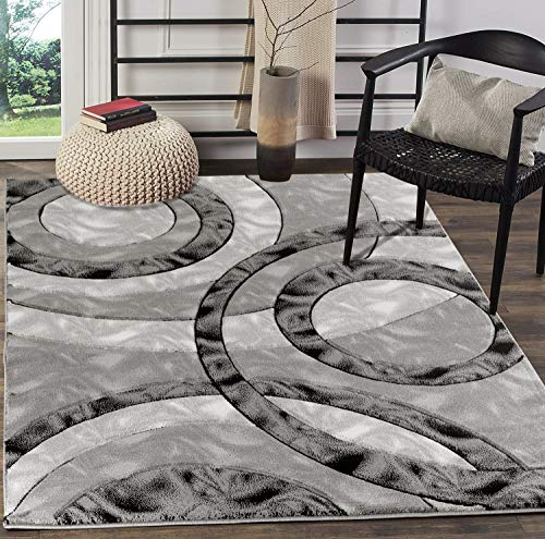 Modern Grey Black Area Rug 5x7 Circle Geometric Soft Hand Carved Floor Carpet