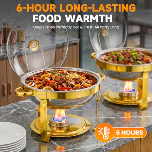 Gold 4 Pack 6QT Stainless Steel Chafing Dish Set with Glass or Steel Lids - Buffet Food Warmer for Parties & Weddings - Golden / 4pack