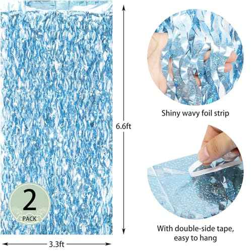 Blue Wave Tinsel Foil Fringe Curtain Streamers Decoration Blue Backdrop for Birthday,Under The Sea,Ocean,Pool,Beach Theme Party Decorations -2 Packs