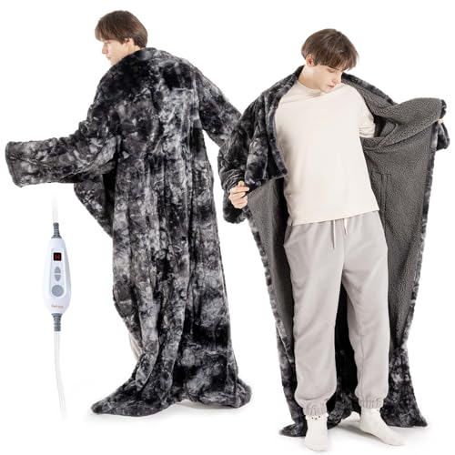 Marble Black Wearable Heated Blanket with Foot Pockets & Sleeves - 50x70+18 Inches, Faux Fur & Sherpa, 6 Heat Levels, Auto-Off, Machine Washable