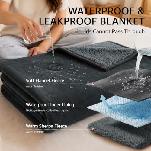 LOOBANI Waterproof Queen Bed Blanket Gray 80x80 Inches - Double-Sided Cozy & Leak-Proof