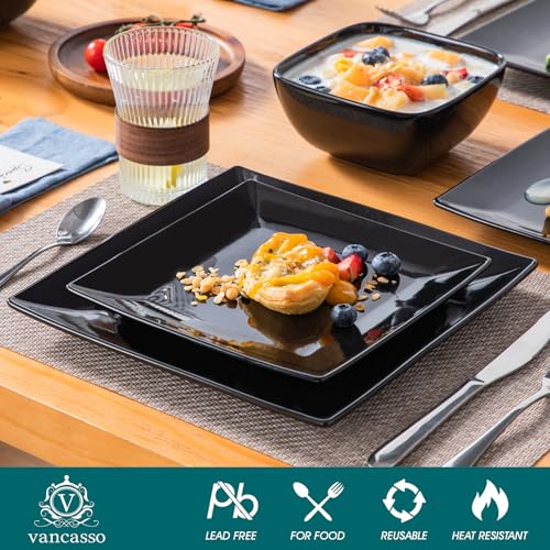 Vancasso Soho 12-Piece Black Square Dinnerware Set for 4 - Modern Stoneware Plates & Bowls