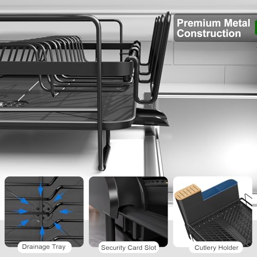 Extendable Dish Drying Rack - Black, Adjustable Countertop Drainer with Drainboard