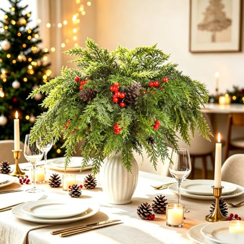 Joyido 24PCS Red & Green Christmas Cedar Branches with Pine Cones & Berries