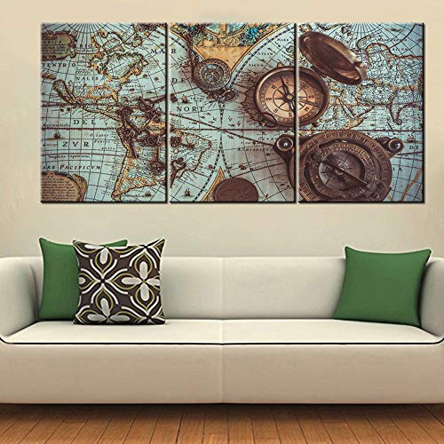 3 Panel Canvas Wall Art Historical World Map Pictures for Living Room Teal Blue Artwork Premium Quality Prints Paintings Giclee House Modern Decor Wooden Framed Stretched Ready to Hang(60''Wx28'')