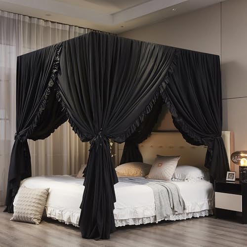 Mengersi King Size Black Canopy Bed Curtains Elegant Bedroom Decoration