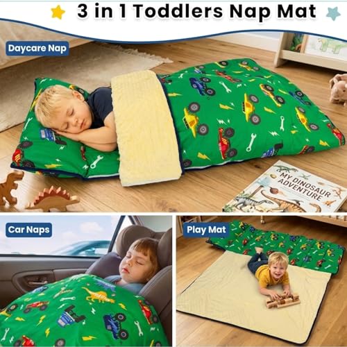 Primlect Toddler Nap Mat with Pillow - Green Truck, Extra Large & Thickened