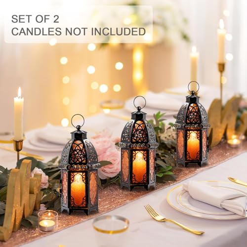 Set of 2 Amber Moroccan Lanterns 12.8'' Hanging & Tabletop Candle Holders, Vintage Copper Finish