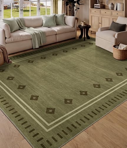 Green Diamond Bordered Bedroom Rug 5x7 - Non-Slip Washable Farmhouse Carpet for Living Room & Dining