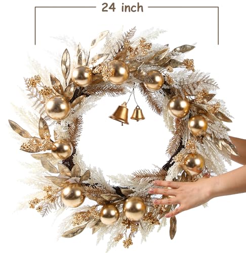 24 Inch Gold Christmas Wreath with Berries Bells Pampas Grass for Front Door & Indoor Decor