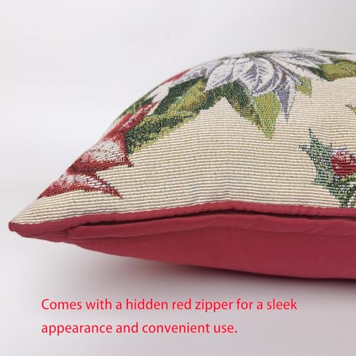 Ivory Christmas Poinsettia & Holly Throw Pillow Cover 18x18in with Red Piping