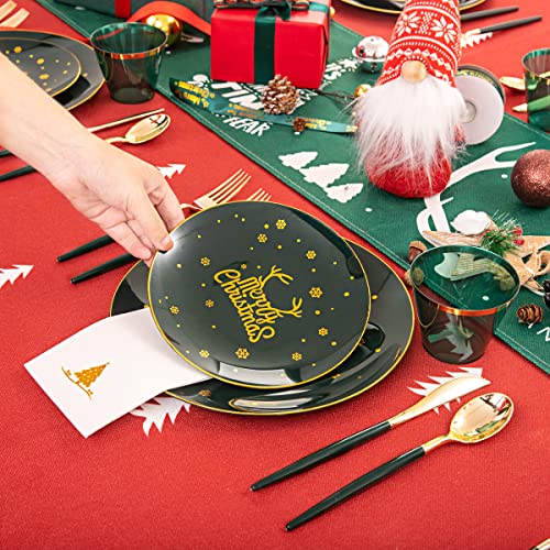 Nervure Green & Gold Christmas Plates Set with Silverware (175-Piece) 25 Guests