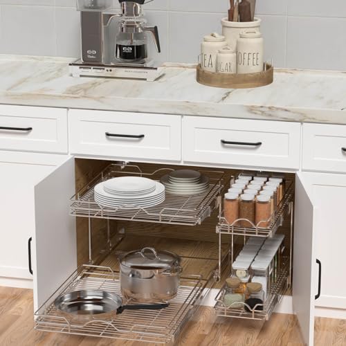 2-Tier Pull Out Cabinet Organizer for Kitchen & Bathroom, 14x21 inches, Chrome Finish