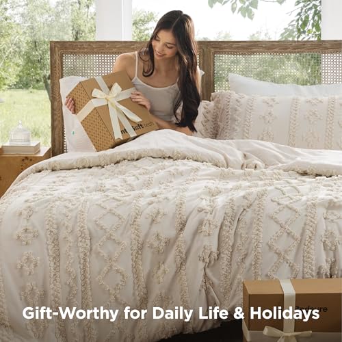 Bedsure Queen Tufted Boho Comforter Set Beige - Elegant Bedding for Bedroom Decor