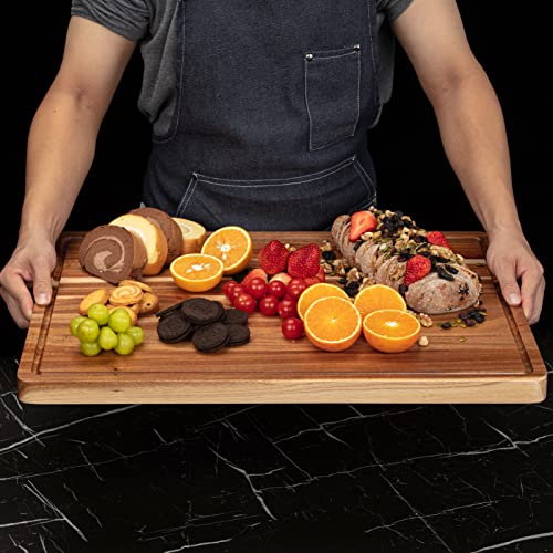 Acacia Wood Cutting Board 24x18 Inch - Large Food-Grade Butcher Block with Juice Groove & Handles