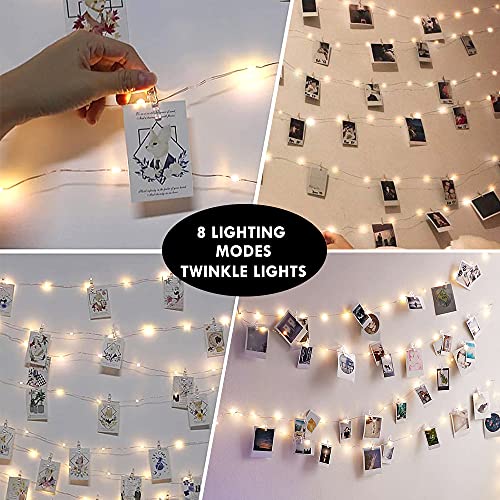 Photo Clips String Lights for Decor: USB Powered 40Ft 120LED 50 Clear Clips - Waterproof/8 Modes/Remote/Timer Fairy Light for Girls Bedroom Dorm Picture Hanging - Christmas Party Wedding Decorations
