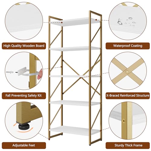 Gold 5-Tier Metal Bookshelf Tall Display Bookcase with Open Shelves