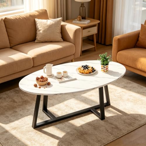 White Black Oval Coffee Table - Small Modern Living Room Side Table with Marble Top
