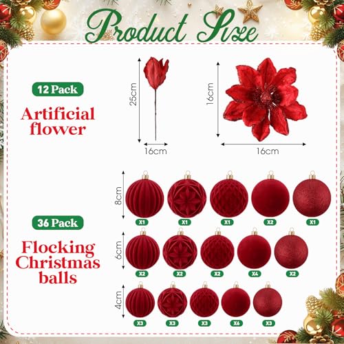 Yuxung 48 Pcs Christmas Tree Decoration Set Red with Glitter Flowers & Velvet Balls
