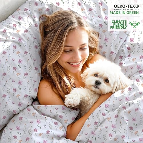 RUVANTI Organic Cotton Queen Bed Sheet Set Obsessed Stems Percale Weave - Breathable & Cooling