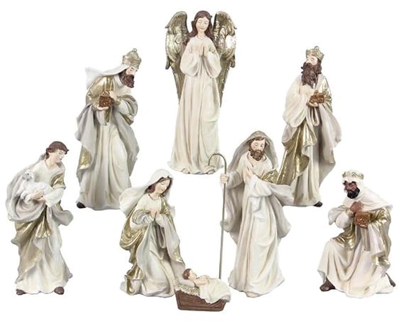 10-Inch White & Gold Nativity Scene Set - Religious Holiday Decor, 8 Figurines