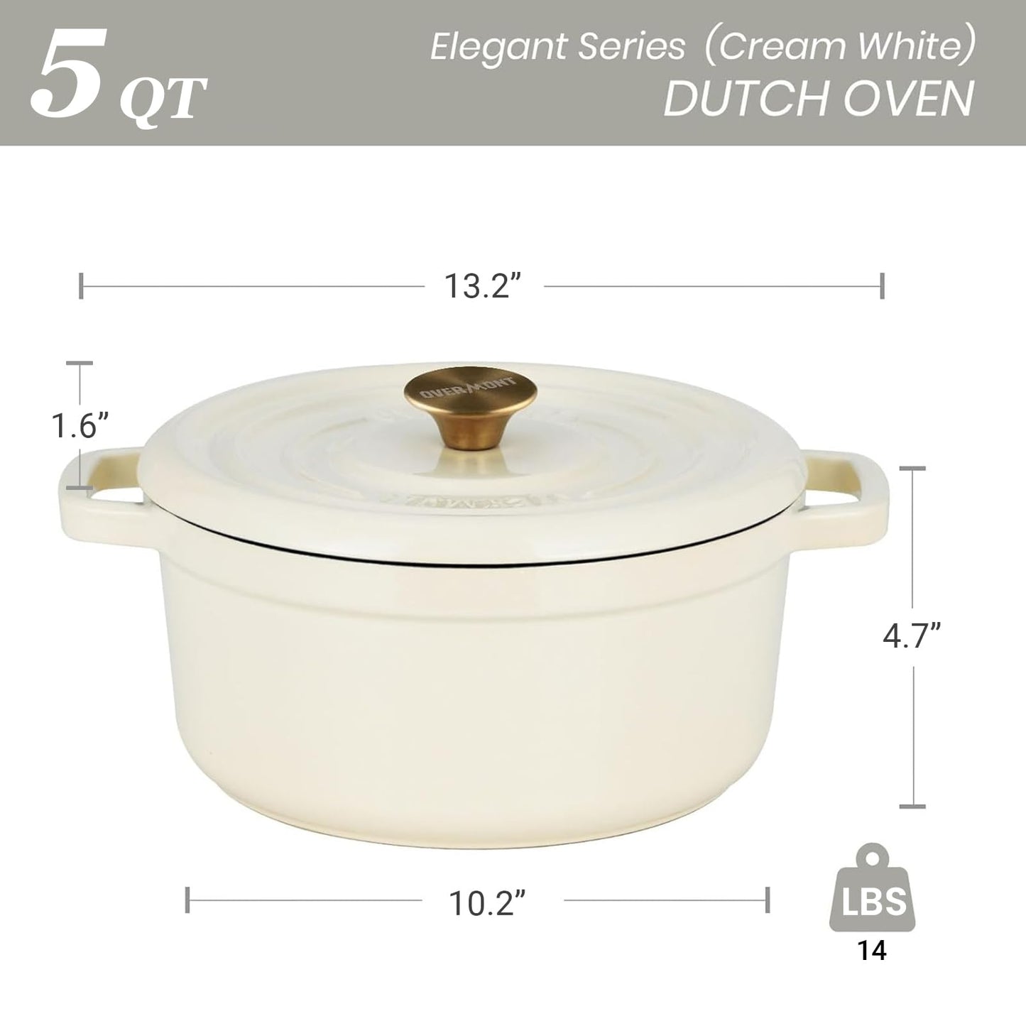 Overmont Enameled Cast Iron Dutch Oven - 5QT Pot with Lid Cookbook & Cotton Potholders - Heavy-Duty Cookware for Braising, Stews, Roasting, Sourdough Baking Cream white