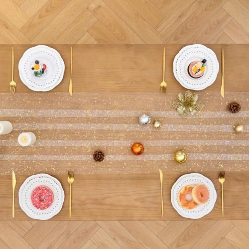 Fanami Beige Gold Glitter Tulle Table Runner 10ft x 28in (2pc) for Wedding & Party