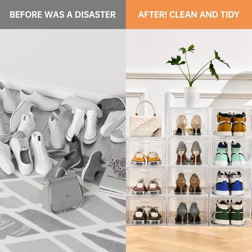 Large Clear Shoe Storage Box Set - 12 Pack, Stackable Shoe Organizer with Magnetic Door, Fits US Size 12, Display & Storage