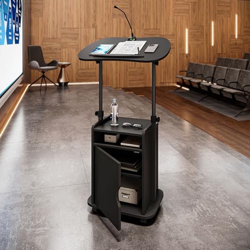 Black Adjustable Laptop Cart with Storage and Locking Wheels – Mobile Workstation