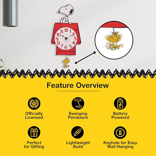 Peanuts Snoopy Doghouse Pendulum Wall Clock - 12 Inch Collectible Wall Decor
