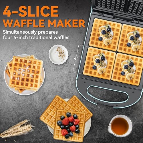Belgian Waffle Maker Aqua 4-Slice Nonstick Square Waffle Iron - Family Size