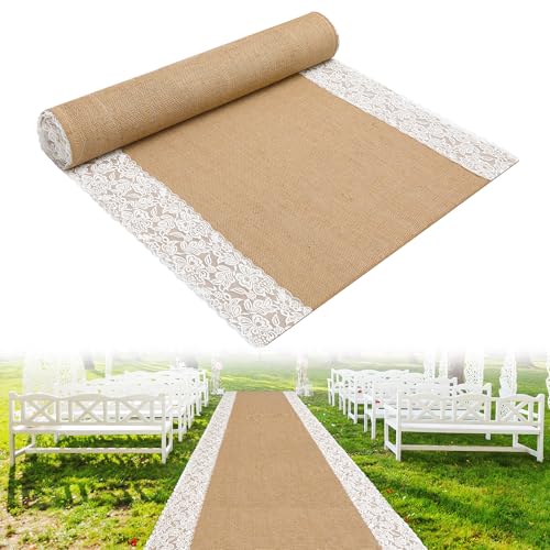 20ft Natural Burlap Wedding Aisle Runner with Lace Edges - Moonoom