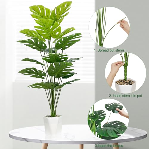 Artificial Monstera Deliciosa Plants Set of 2 - 43 Inch Faux Indoor Tropical Foliage with Pots