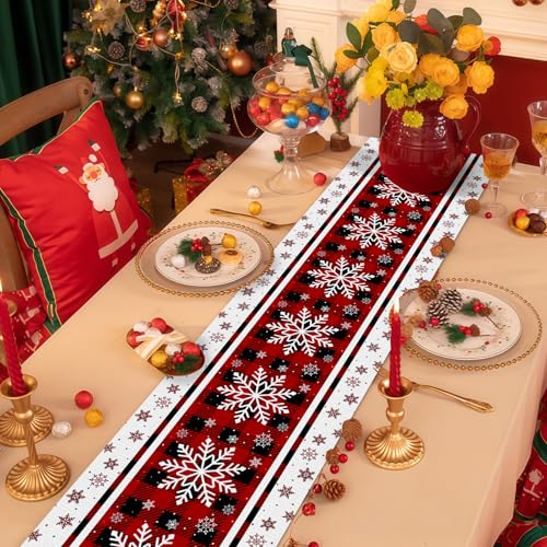 Pedenty Red Buffalo Plaid Christmas Table Runner with White Snowflakes, 72 x 13 in (Variation: Red Snowflake)