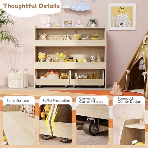 Medium Toy Storage Organizer with 3 Shelves and Rolling Bins - Wood