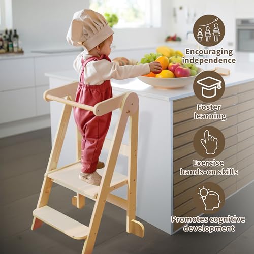 Foldable Toddler Kitchen Step Stool with 3 Adjustable Heights - Natural Wood