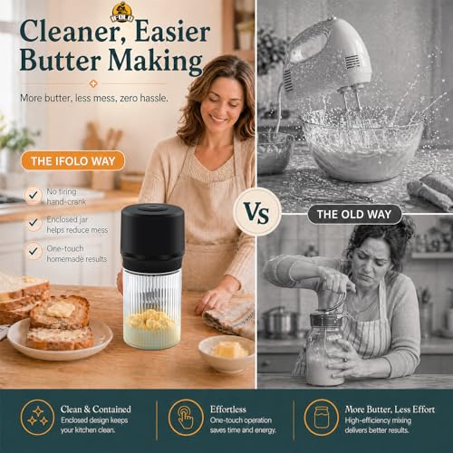 Electric Butter Churn with Stripes - 34oz Glass Jar, One-Touch Cream Maker
