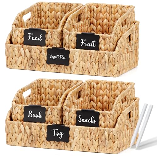 Natural Water Hyacinth Pantry Baskets 3 Pack with Chalkboard Labels & Wide Handles