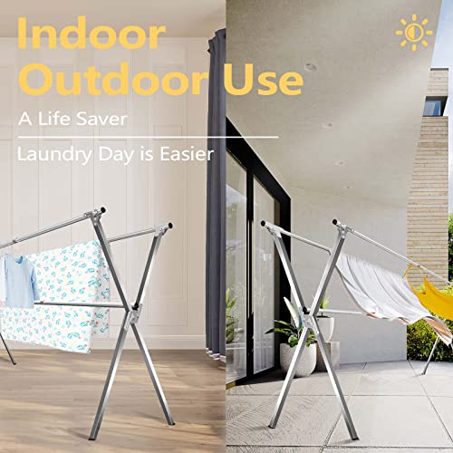 URYAN 95-Inch Heavy Duty Stainless Steel Clothes Drying Rack with 20 Windproof Hooks, Folding Indoor & Outdoor Laundry Organizer
