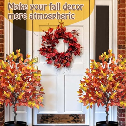 2 Pack 4ft Faux Fall Trees with Spikes - Outdoor Autumn Topiary Decor