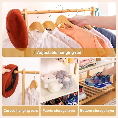 Natural Bamboo Kids Clothing Rack with 2 Storage Baskets & Adjustable Rods — Holds Up to 121 Lbs