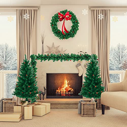 Happygrill 4-Piece Pre-Lit Christmas Set with Wreath, Garland & 2 Entrance Trees – 200 LED Warm White, Waterproof Timer
