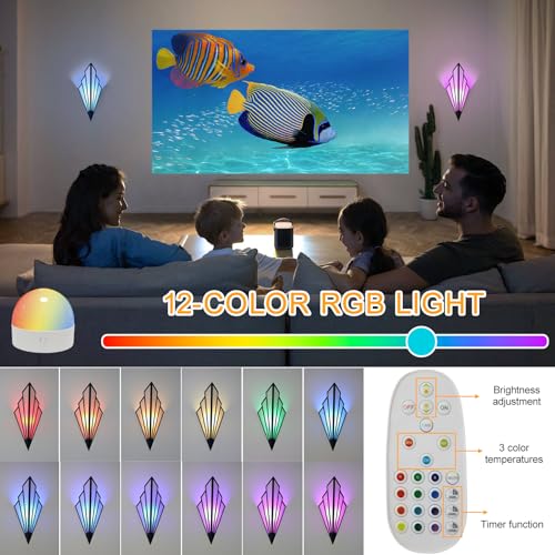 Black Modern Battery Operated Wall Sconce Set of Two with Remote RGB Dimmable LED Lighting