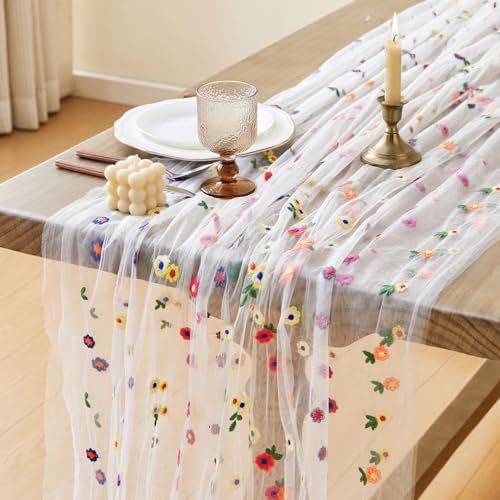 Wracra White Daisy Embroidered Cheesecloth Table Runner — 10ft x 28" W x 120" L
