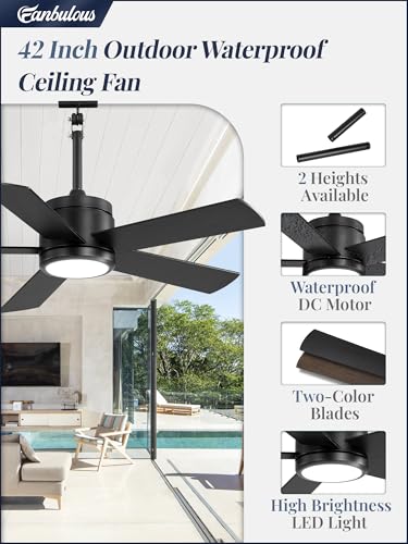 Black 42-Inch Outdoor Ceiling Fan with Light Waterproof IP65 & Remote