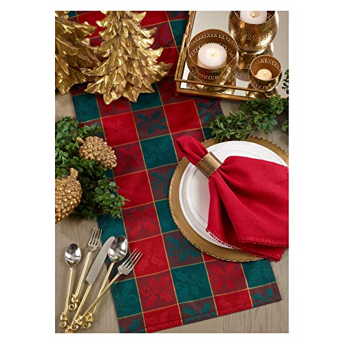 Red Green Plaid Christmas Table Runner 14 x 108 inch Holiday Jacquard with Gold Accents