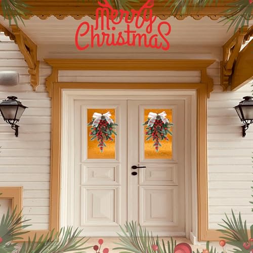 2 Pack Christmas Teardrop Swags with Berries & Pinecones – 20in Artificial Floral Wall Decor